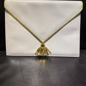 FERRAGAMO WHITE WITH GOLD CLUTCH BAG